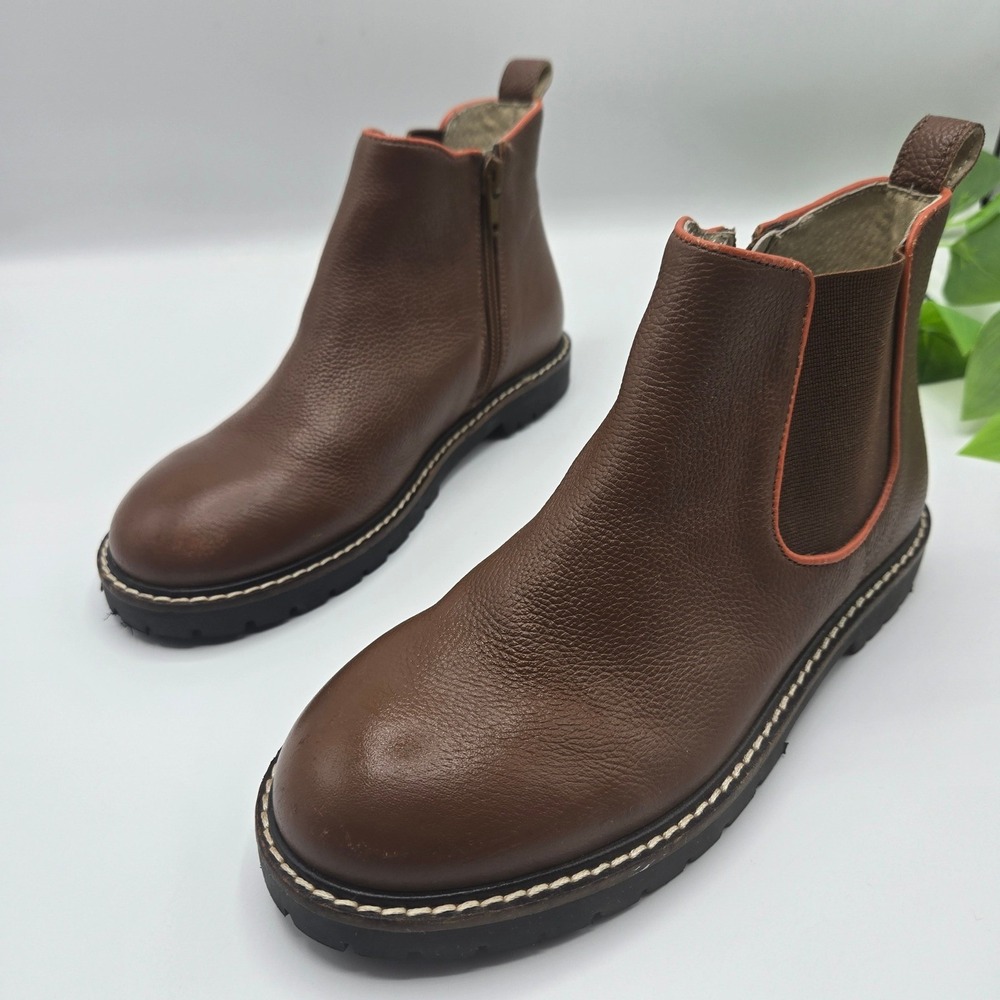 Mini Boden Chelsea Boots Kids Brown Leather Orange Trim Zip Up Size 33